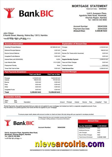 Namibia Bank BIC Namibia mortgage statement Word and PDF template